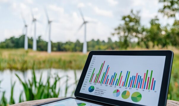 A modern laptop displaying colorful graphs, set against a backdrop of wind turbines and lush greenery, emphasizing renewable energy.