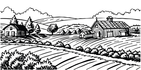 Fototapeta premium Rural sketch panoramic landscape with farm house and trees, vector sketch illustration on white background