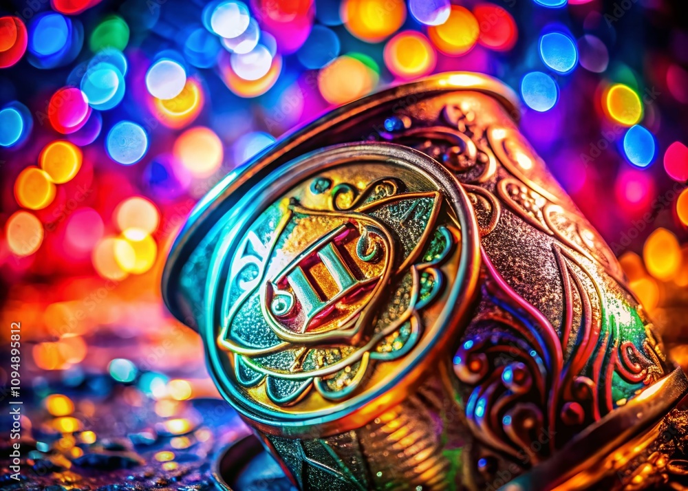 Poster captivating macro photography of a tin symbol with intricate texture and reflections on a soft backg