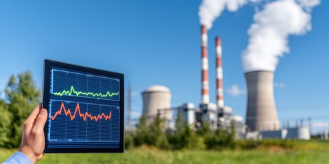 A person analyzing data on a tablet while observing a power plant emitting smoke into the clear blue sky.