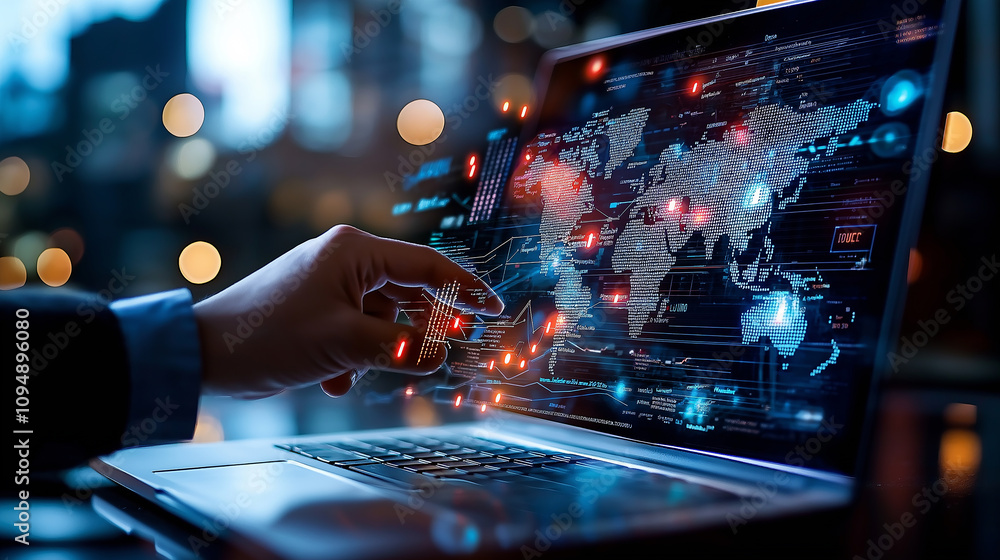 Poster digital world map on laptop screen with hand interaction, technology