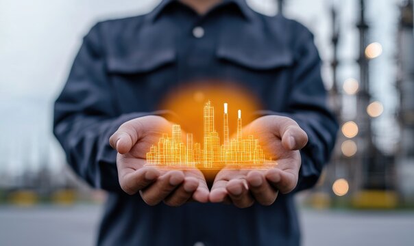 A person holds a glowing cityscape in their hands, symbolizing innovation and urban development amidst an industrial background.