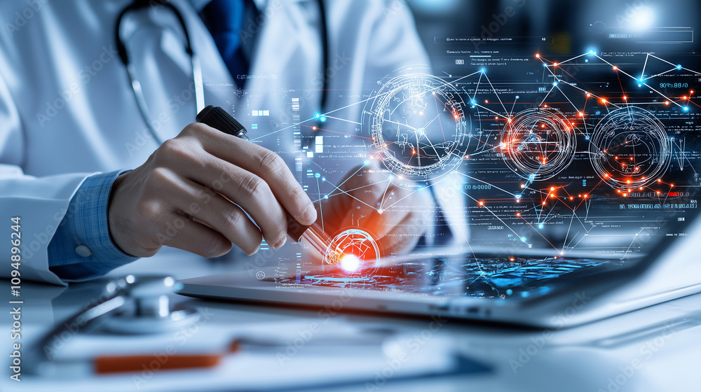 Poster physician analyzing data on tablet with digital graphics