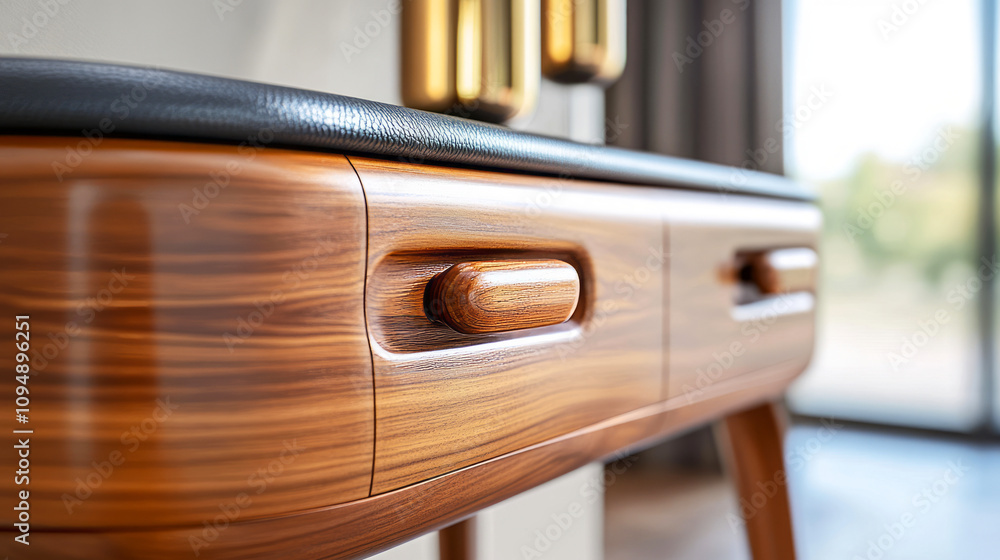 Poster modern wooden console table with elegant finish and curved handles in bright room with natural light