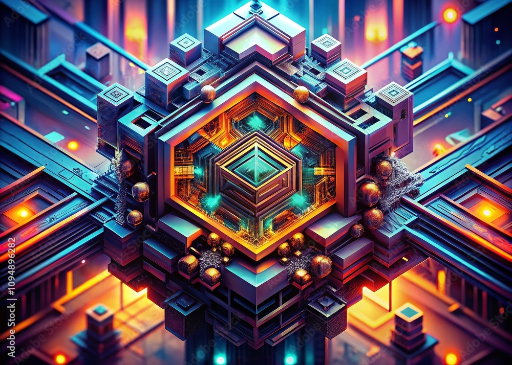 Poster captivating macro photography of futuristic vectors encompassing vibrant colors, geometric patterns,