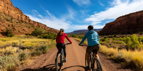 Obraz premium Couple biking on a scenic trail surrounded by nature promoting mental health awareness through outdoor activities