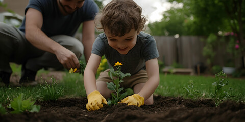 Family enjoys quality time together by planting flowers in their backyard while promoting mental health awareness - Powered by Adobe