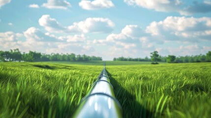 Oil or gas pipeline cuts through green field, extending into distant tree line under blue sky with white clouds.