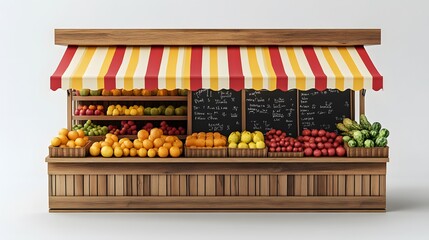 Charming wooden fruit stand with&nbsp;multicolored striped awnings displays fresh produce, featuring&nbsp;rustic market design with detailed retail elements.