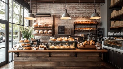 Brightly lit bakery with an inviting atmosphere showcasing an array of baked goods on display. Customers can enjoy freshly made treats in a stylish, rustic space.