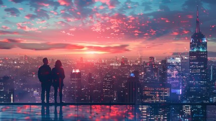 Fototapeta premium A couple gazes at a vibrant city skyline during sunset, capturing a moment of connection.