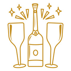 Celebratory Champagne Bottle and Glasses Outline