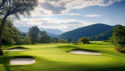 Scenic Golf Course with Lush Green Fairways, Picturesque Mountain Views, and Blue Sky