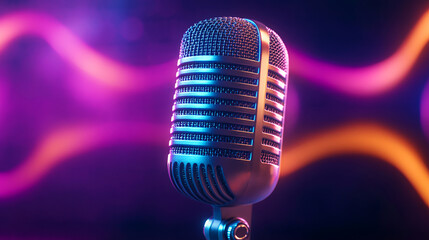 Retro Microphone on Vibrant Background with Colorful Lights Creating a Dynamic Atmosphere for...