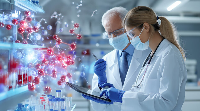 medical researcher analyzing data on digital tablet in lab