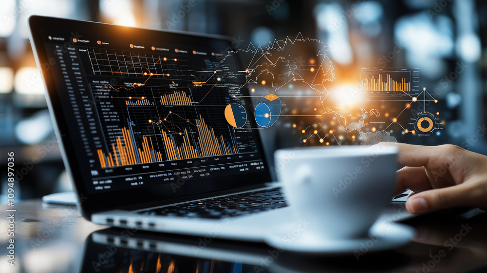 Poster analyzing global e commerce sales data on laptop with graphs