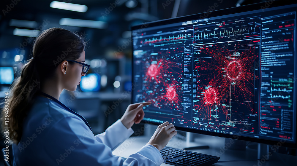 Poster analyzing medical data on large screen with advanced technology