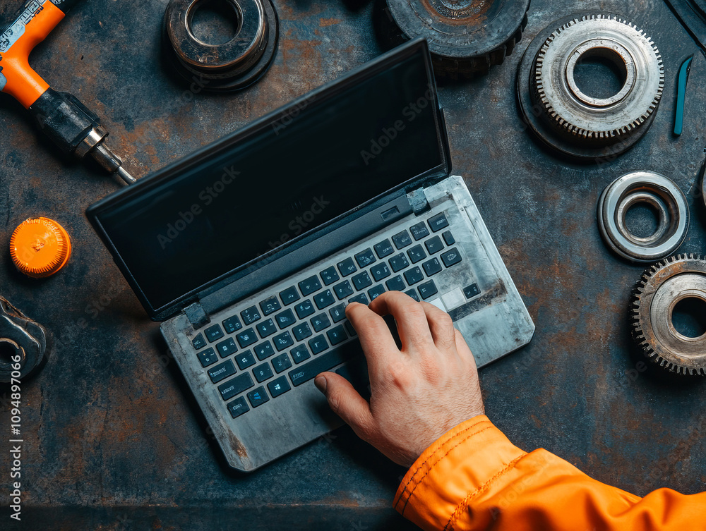 Poster close-up view of a hand using a laptop among tools and gears on a workshop table, perfect for indust