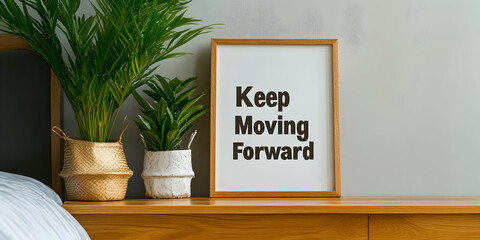 Motivational poster promoting mental health awareness featuring the phrase Keep Moving Forward displayed on a wooden shelf with plants