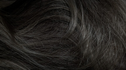 Brunette or black hair. Female long dark hair in black. Beautifully laid curls. Closeup texture in a dark key. Hairdressing, hair care and coloring. Shading gray hair. Background with copy space.