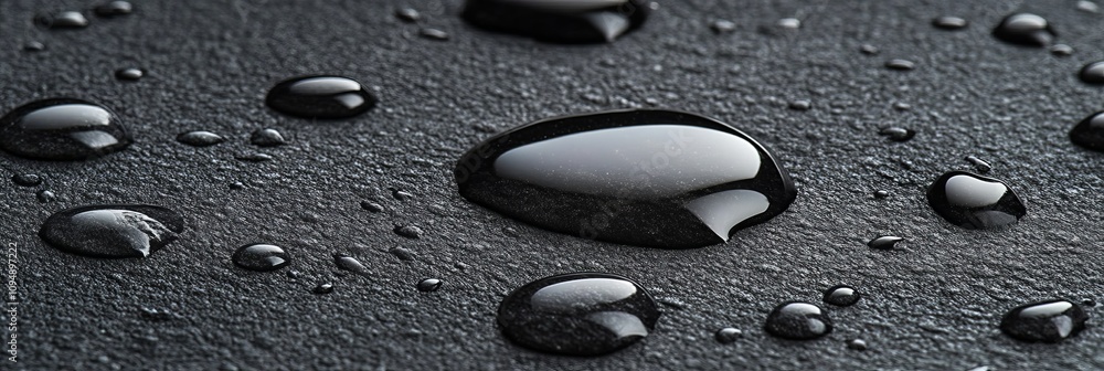 Poster close up macro ,shiny liquid surface pattern .wet black minimal background of curved water drops