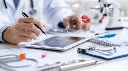 physician analyzing medical data on tablet with charts and graphs