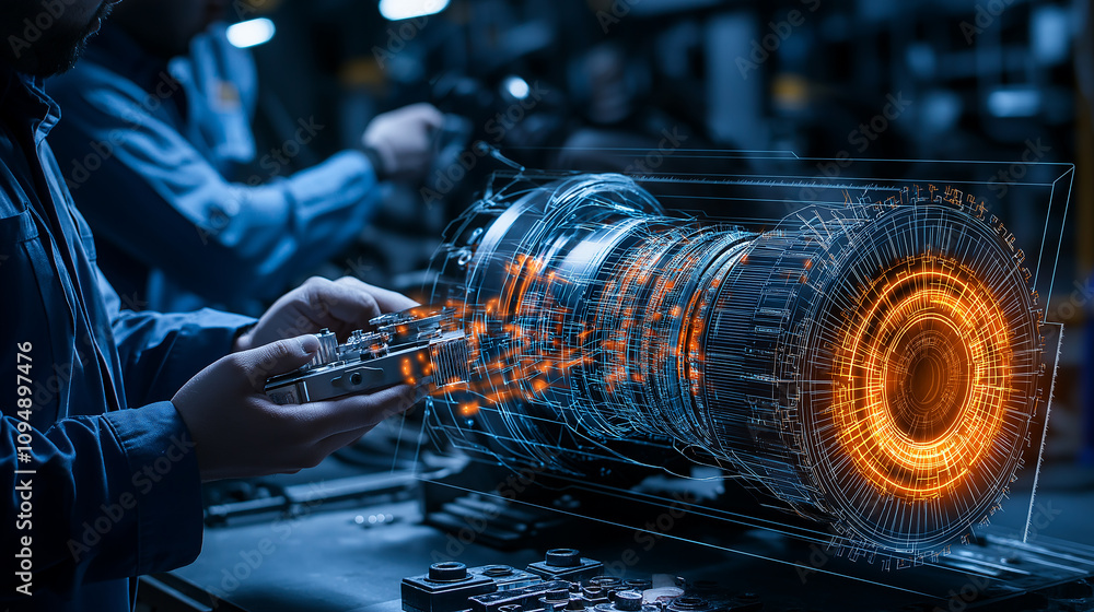 Poster innovative engineers working on advanced machinery with digital overlays