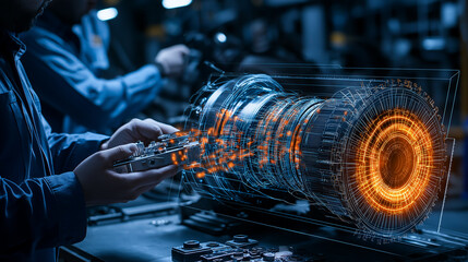 Innovative engineers working on advanced machinery with digital overlays
