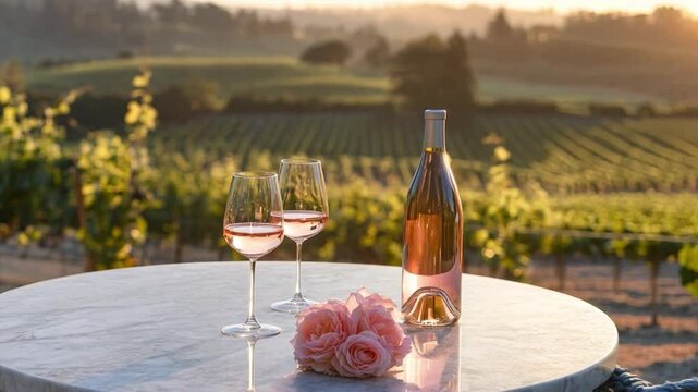 Romantic sunset dinner with wine and roses in a vineyard setting