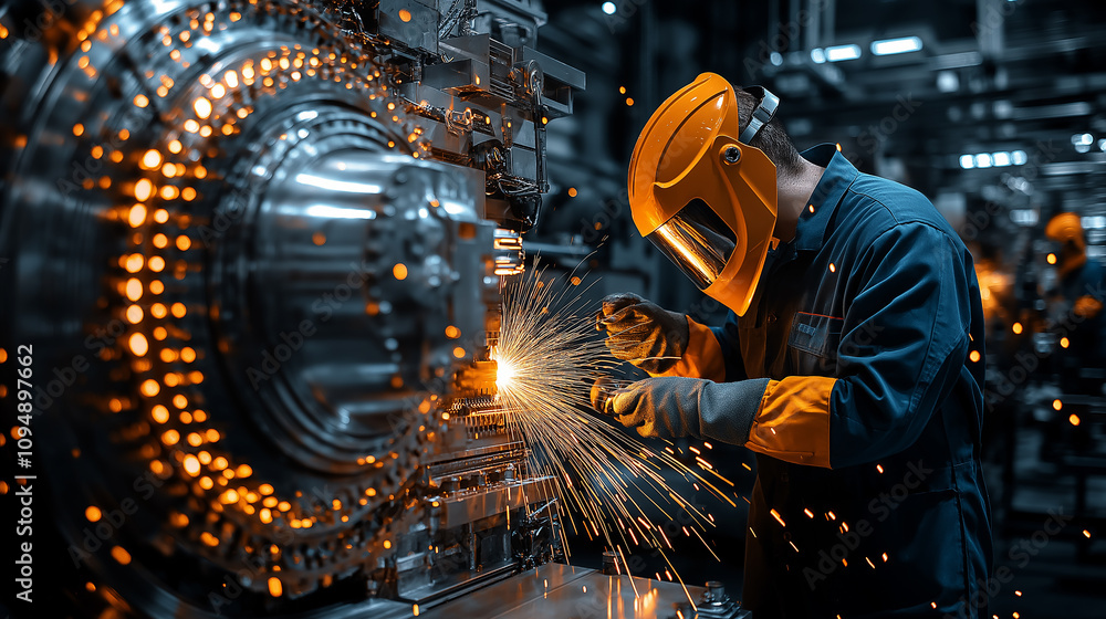 Poster welding engineer working with sparks flying in factory setting