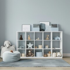 A light blue and white minimalist children's room with a white bookshelf, a blue rug, and various toys on the floor and shelves