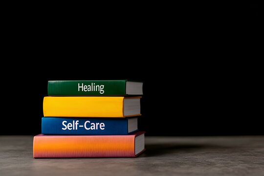 Brightly colored books stacked together to promote mental health awareness and self-care strategies for overall wellbeing