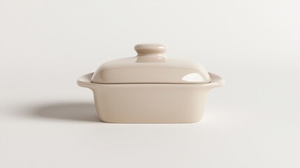 A simple and elegant ceramic dish with a lid, perfect for serving and storing various culinary delights.