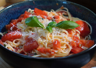 A classic Italian pasta dish, Capellini Pomodoro with fresh tomatoes, basil and garlic. Making an Italian meal for dinner using fresh ingredients from the garden.