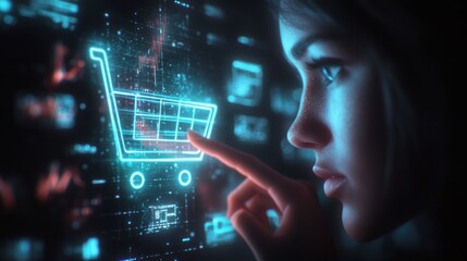 Glowing shopping cart hologram digital sale promotion poster design for holiday shopping season.