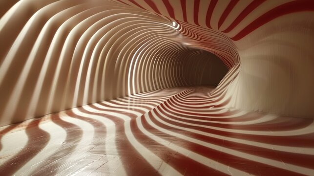A surreal, wavy corridor with red and white striped patterns creating an optical illusion.