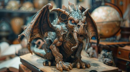 Fototapeta premium A detailed dragon sculpture displayed on a book, surrounded by globes and vintage items.