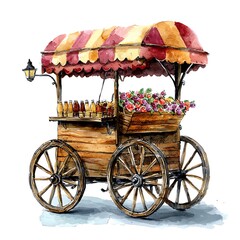 Watercolor Painting of a Vintage Wooden Cart Selling Flowers and Drinks.