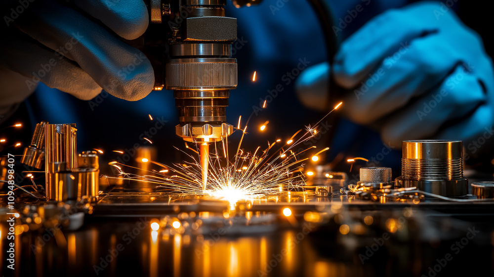 Aufkleber technician using laser cutter, creating sparks during metalwork