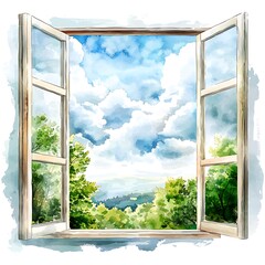 Watercolor Painting of an Open Window Showing a Lush Green Landscape Under a Blue Sky.