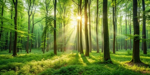 Captivating Minimalist Photography of a Healthy Forest Emphasizing Lush Greenery, Sunlight Filtering Through Trees, and Serenity in Nature's Embrace for Tranquil Spaces