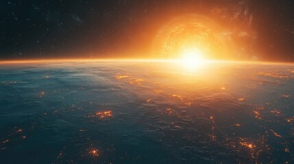 Fototapeta premium A stunning view of Earth from space, showcasing the sunrise over the horizon.