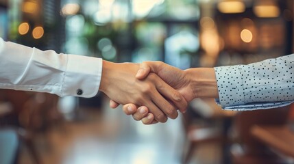 Two hands shaking in a business setting, symbolizing agreement or partnership.