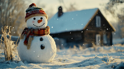 Obraz premium Snowman by house on winter day 