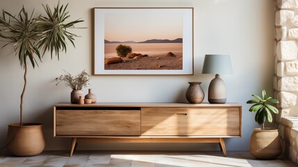 A Scandinavian-style living room with a sleek wooden dresser and art poster. Neutral tones create an elegant and airy design.