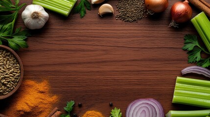 A vibrant arrangement of fresh vegetables, herbs, and spices on a wooden surface, perfect for cooking inspiration and healthy meals.