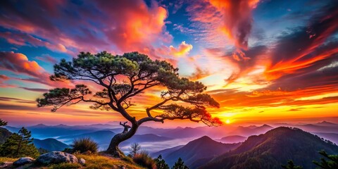 Captivating Mountain Tree Silhouette at Sunset with Dramatic Sky and Vibrant Colors, Perfect for Nature Lovers and Outdoor Enthusiasts Seeking Serene Landscapes