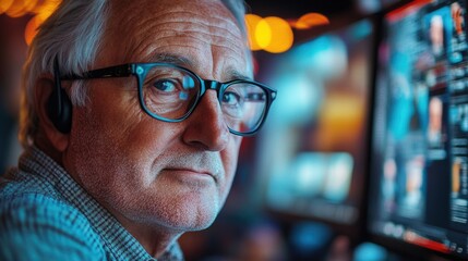 Senior Man with Glasses Working Late in Office with Computer Screens