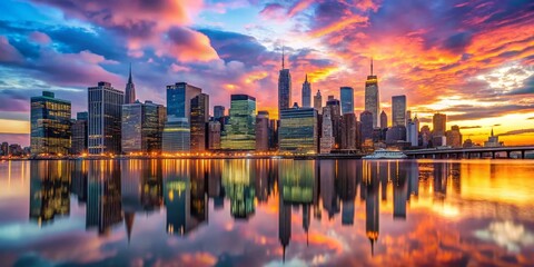 Fototapeta premium Captivating New York Cityscape at Dusk: Iconic Skyline Framed with Rule of Thirds for Stunning Urban Photography