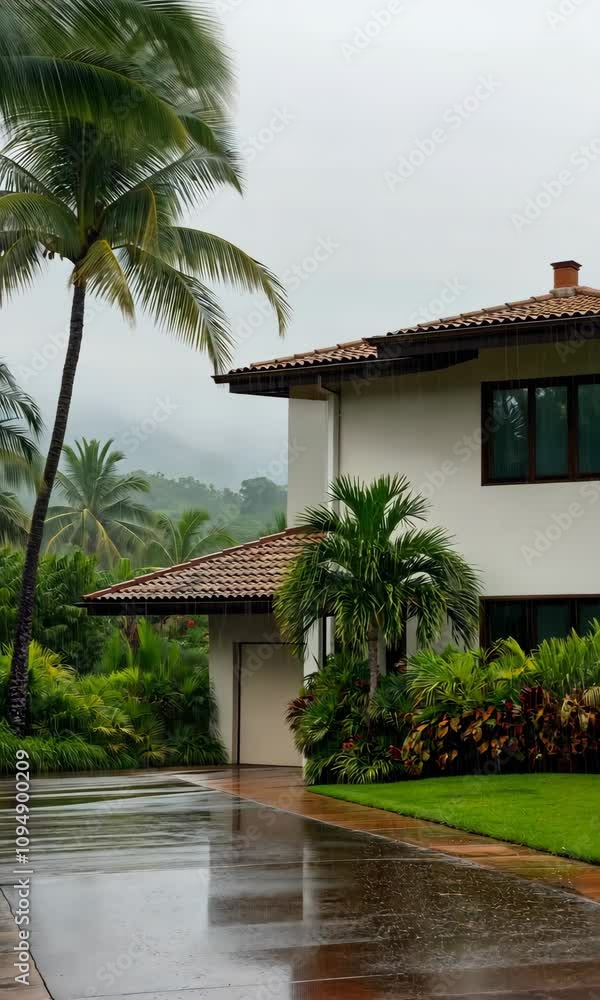 Poster a house with a roof and a palm tree in front of it. the palm tree is wet and the house is also wet